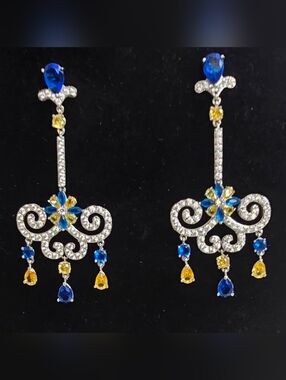 Silver Blue, Clear and Yellow CZ Chandelier Earrings